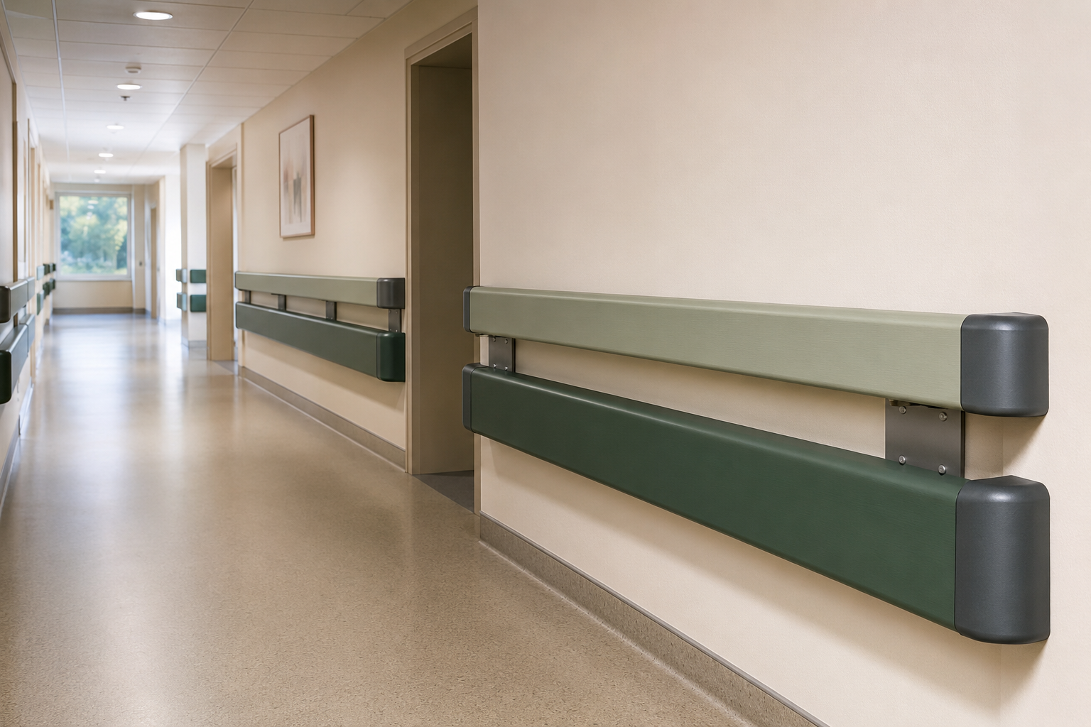 Heavy-duty crash rail system in a healthcare corridor