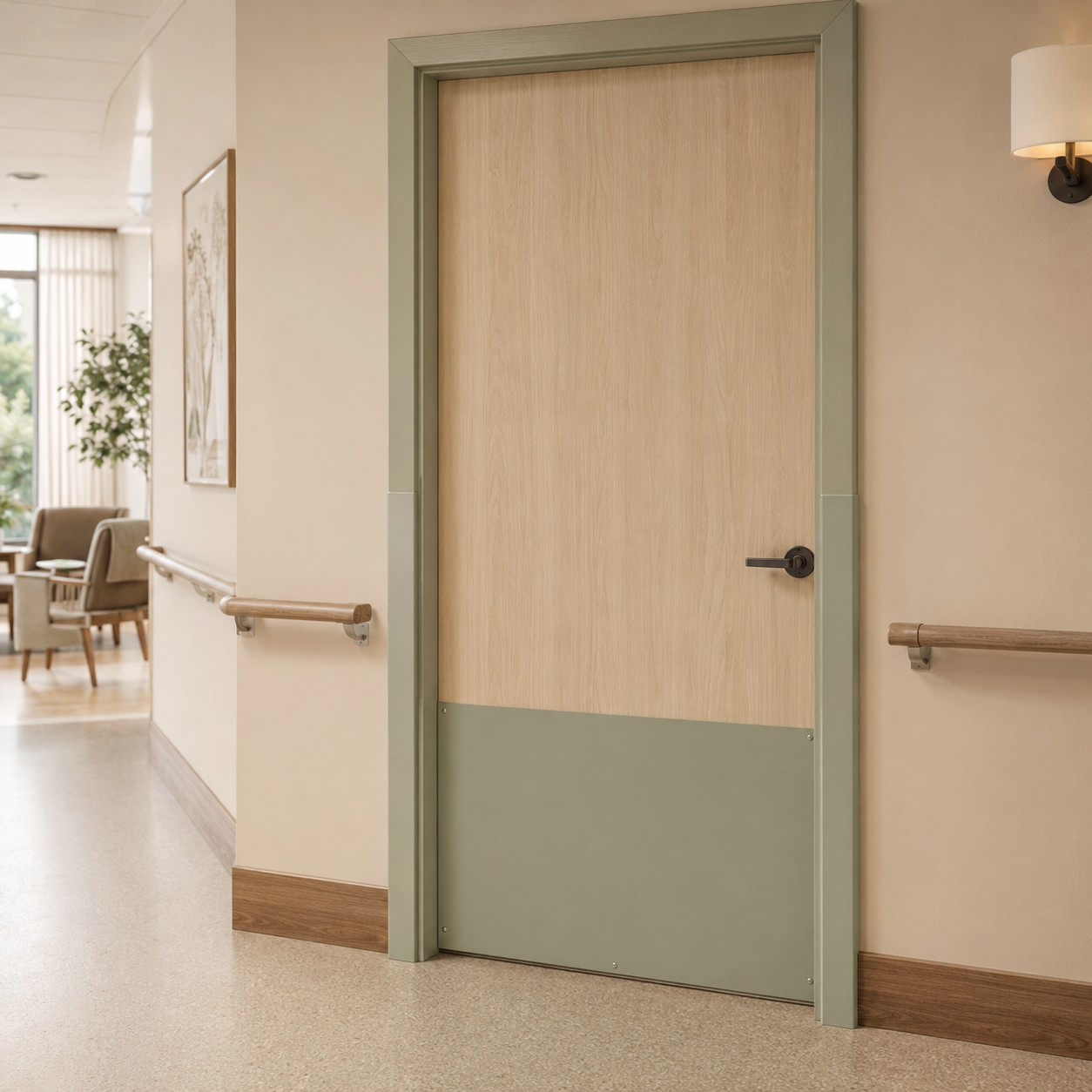 Protected healthcare door face and frame in an aged-care corridor
