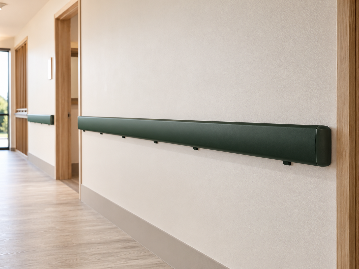 Forest green wall guard installed in a warm aged-care corridor